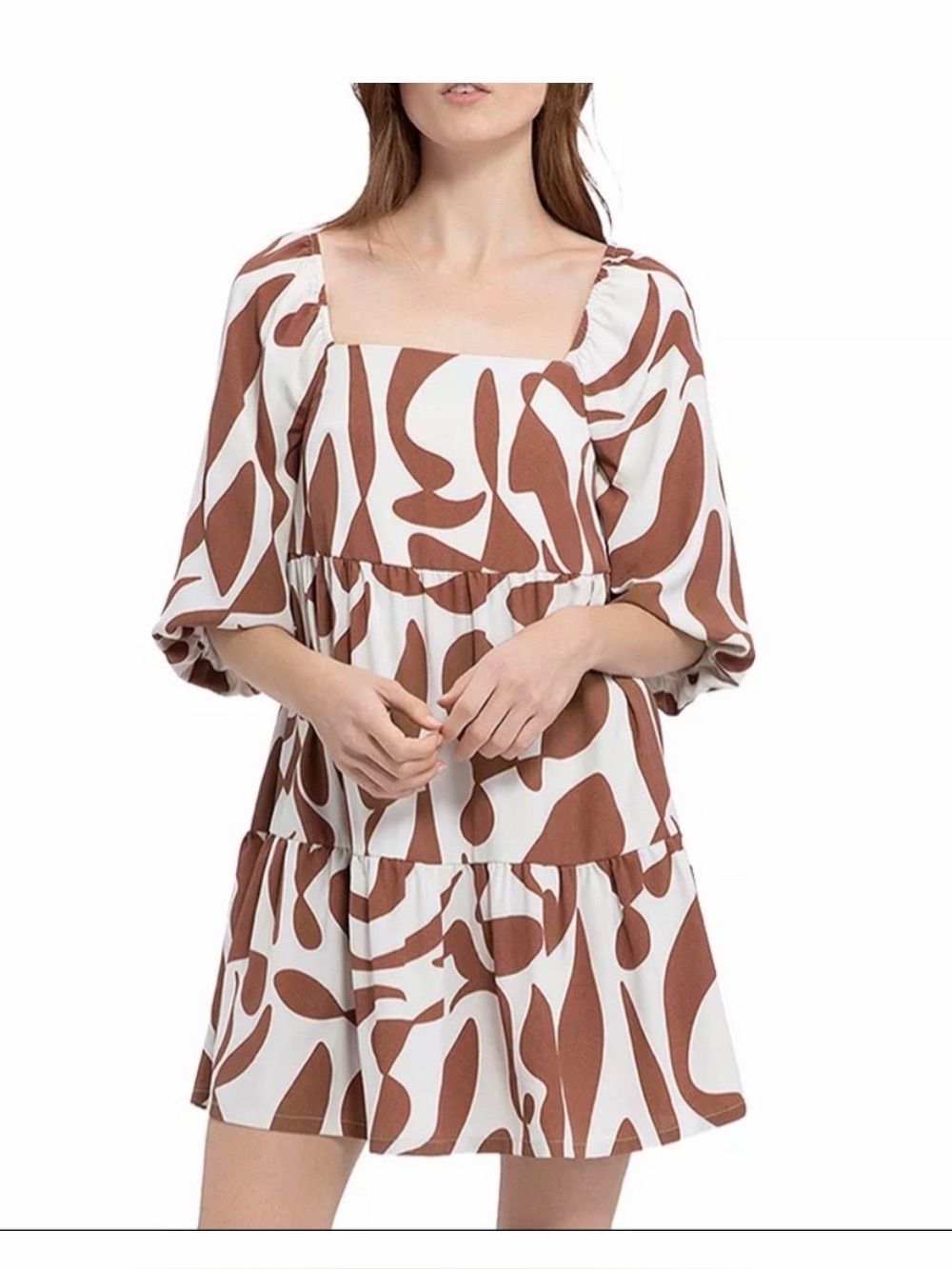 Sanctuary Cream and Brown Abstract Puff Sleeve Mini Dress